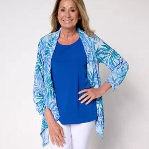 Susan Graver Reg Textured Woven Cardigan & Knit Tank Set Batik Leaf XL A689877